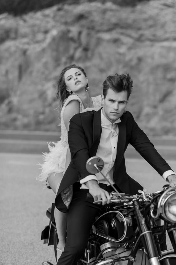 Bride and Groom on the bike eloping in Greece